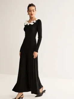 Floral Decor Pleated Sweater Dress