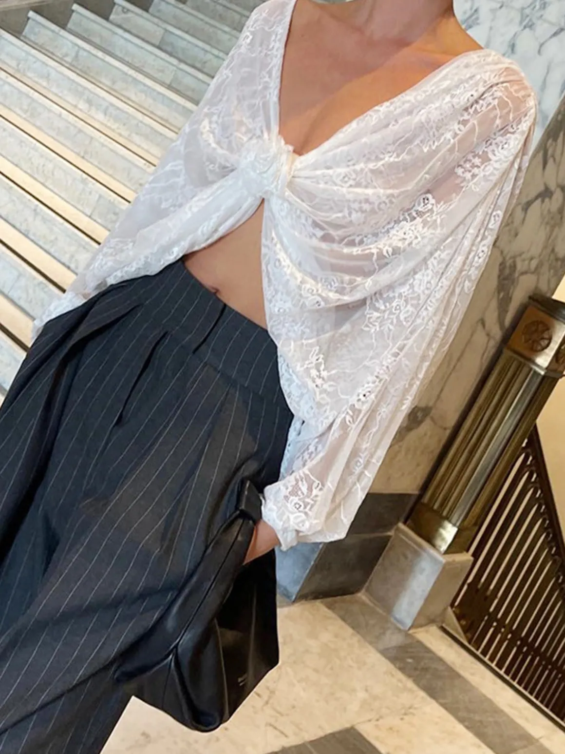Floral Decor Twisted Lace Semi-sheer Blouse