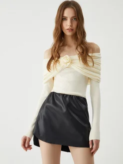 Floral Detail Overfold Off-Shoulder Knit Top