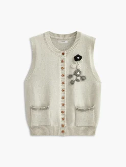 Floral Embroiled Pockets Knit Vest