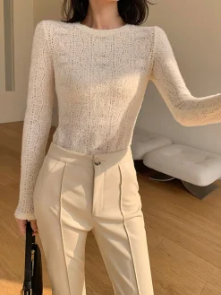 Floral Hollow Knit Crew Neck Long Sleeve Top