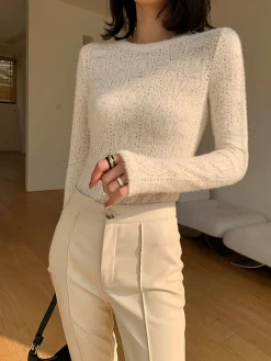 Floral Hollow Knit Crew Neck Long Sleeve Top