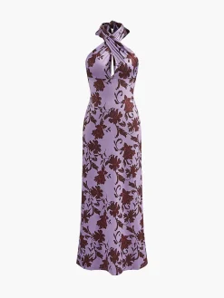 Floral Print Adjustable Halter Long Dress