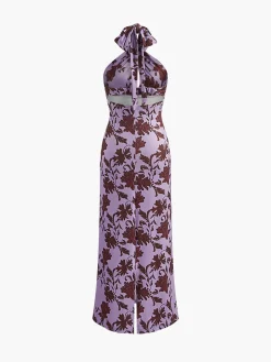 Floral Print Adjustable Halter Long Dress
