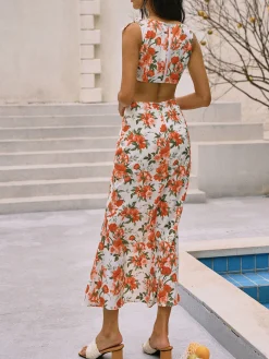 Floral Print Knotted Cutout Split Long Dress