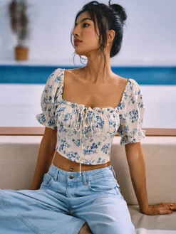 Floral Print Knotted Shirred Blouse