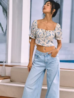 Floral Print Knotted Shirred Blouse