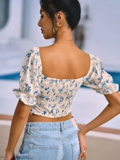 Floral Print Knotted Shirred Blouse