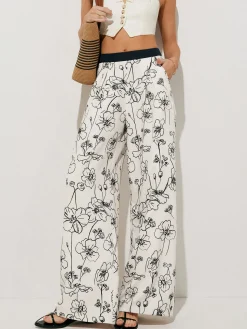 Floral Print Pockets Wide Leg Pants