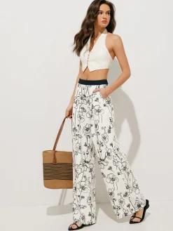 Floral Print Pockets Wide Leg Pants