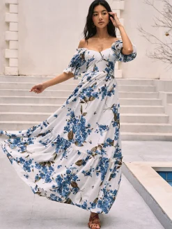Floral Print Puff Sleeve Long Dress