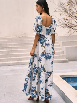 Floral Print Puff Sleeve Long Dress