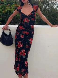 Floral Print Ruched Side Midi Dress