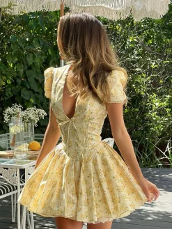 Floral Print V-Neck Knotted Short Dress