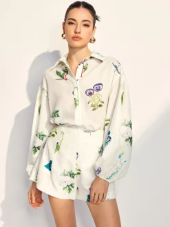 Floral Printed Lapel Long Sleeve Shorts Set