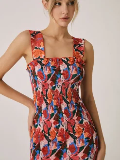 Floral Ruffle Shirred Midi Dress
