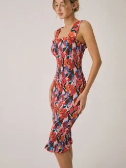 Floral Ruffle Shirred Midi Dress