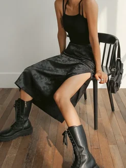 Floral Satin Slit Midi Skirt