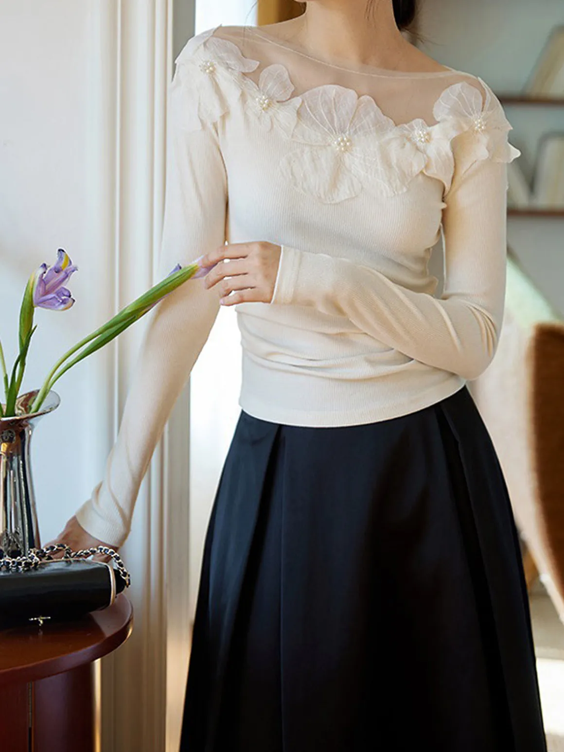 Floral-Decor Ribbed Slim T-Shirt