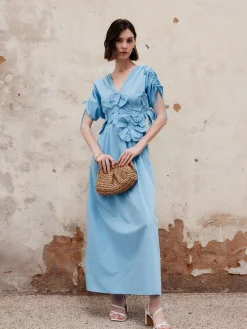 Flower Drawstring V-Neck Long Dress