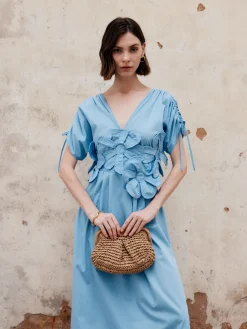 Flower Drawstring V-Neck Long Dress