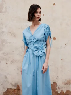 Flower Drawstring V-Neck Long Dress