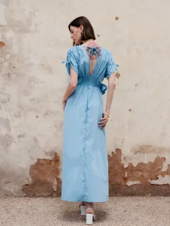 Flower Drawstring V-Neck Long Dress