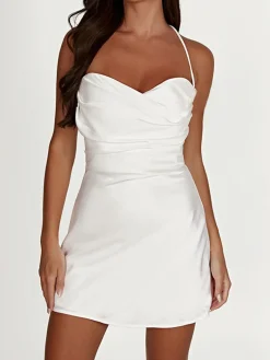 Flower Stripe Backless Halter Short Dress