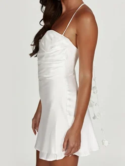 Flower Stripe Backless Halter Short Dress