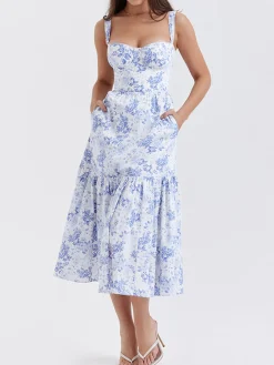Forget Me Not Floral Pockets Zippered Long Dress