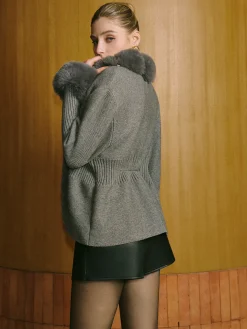 Fox Fur Panel Wool-Blend Knit Outerwear