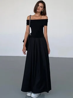 Frenchy Solid Off-Shoulder Long Dress