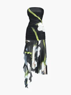 Gardenia Floral Mesh Pleat Tube Midi Dress