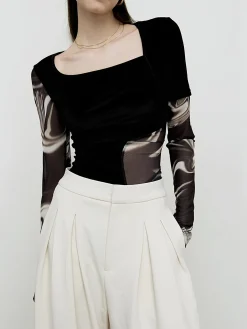 Geometric Printed Mesh Jersey Top