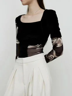 Geometric Printed Mesh Jersey Top