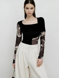Geometric Printed Mesh Jersey Top