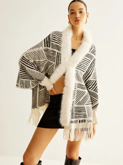 Geometric Striped Tassel Knit Minky Shawl