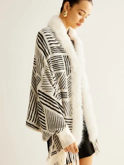 Geometric Striped Tassel Knit Minky Shawl