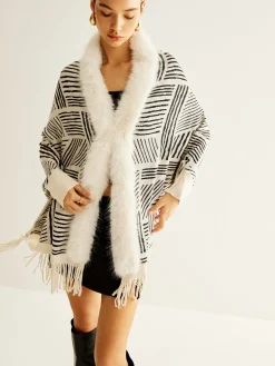 Geometric Striped Tassel Knit Minky Shawl