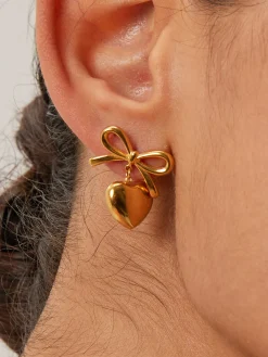 Gift Ribbon Bow Heart Dangle Earrings