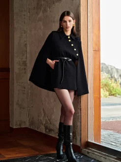 Golden Button Pockets Belted Cloak