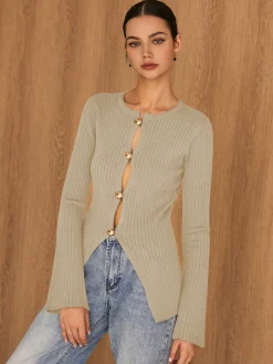 Golden Button Split Knit Top