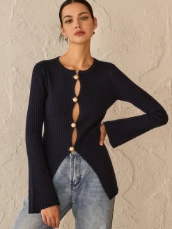 Golden Button Split Knit Top