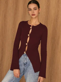 Golden Button Split Knit Top