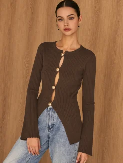 Golden Button Split Knit Top