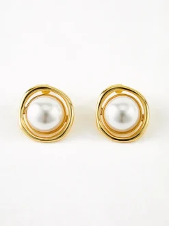Golden Edge Pearl Stud Earrings