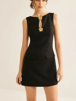Golden Flower Brooch Cutout Tank Dress