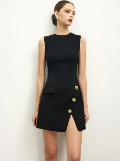 Golden Rose Button Pocket Split Dress