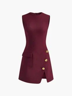 Golden Rose Button Pocket Split Dress