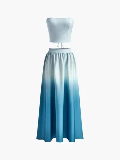 Gradient Lace Up Tube Long Skirt Set